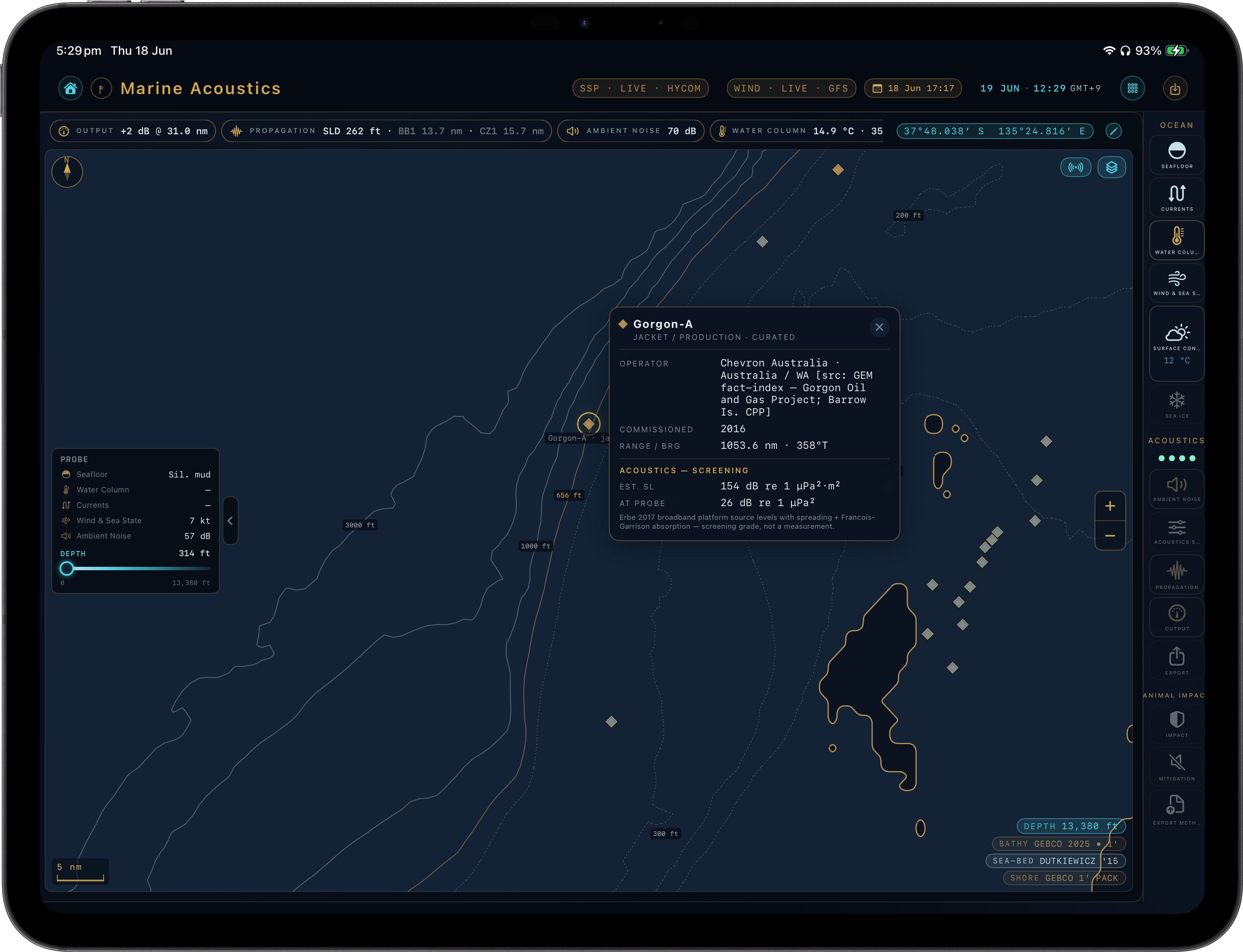 MuirWave on iPad Pro — offshore-platform acoustic screening with source levels.