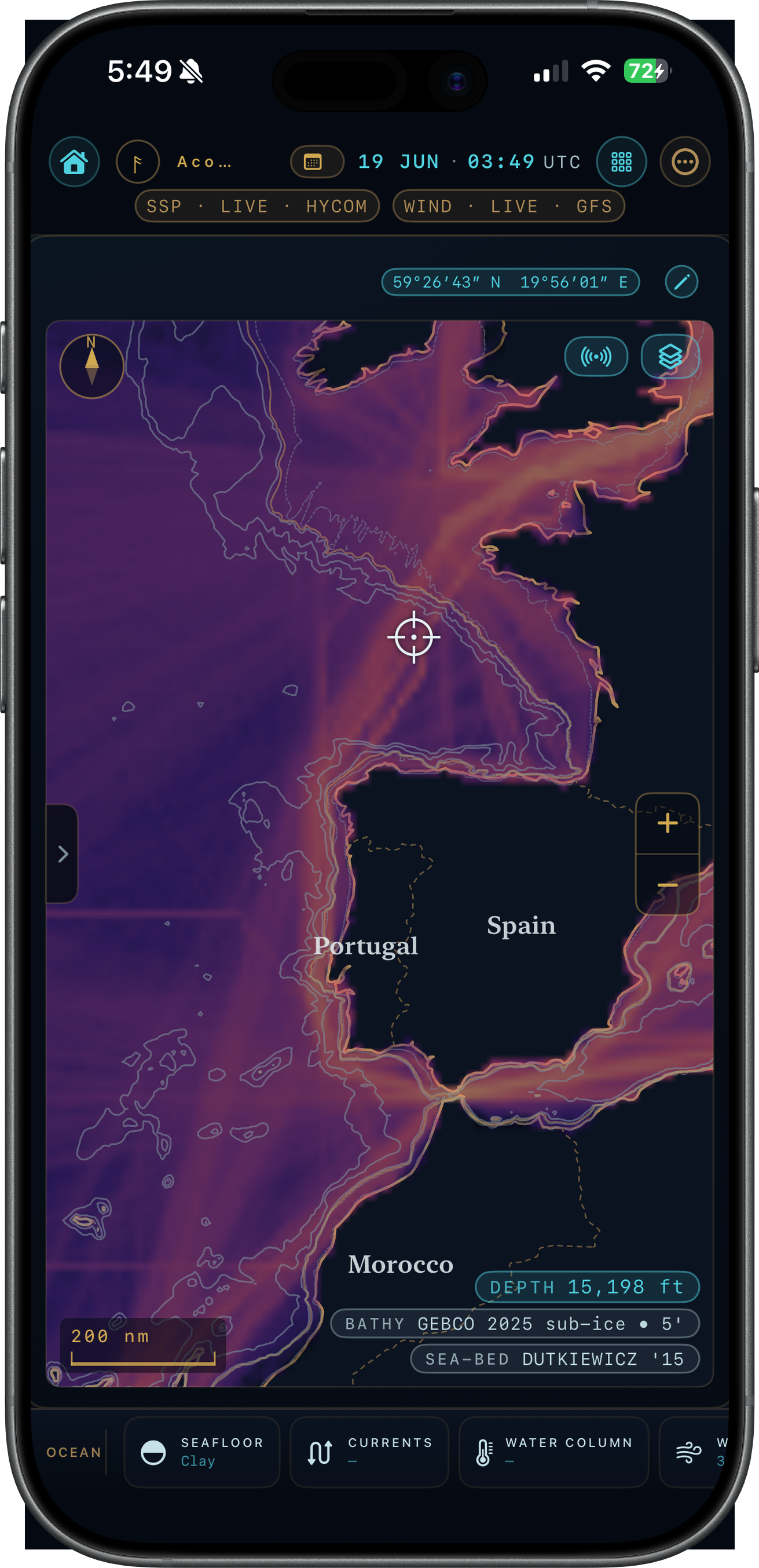 MuirWave on iPhone — transmission-loss field over the Iberian shelf.