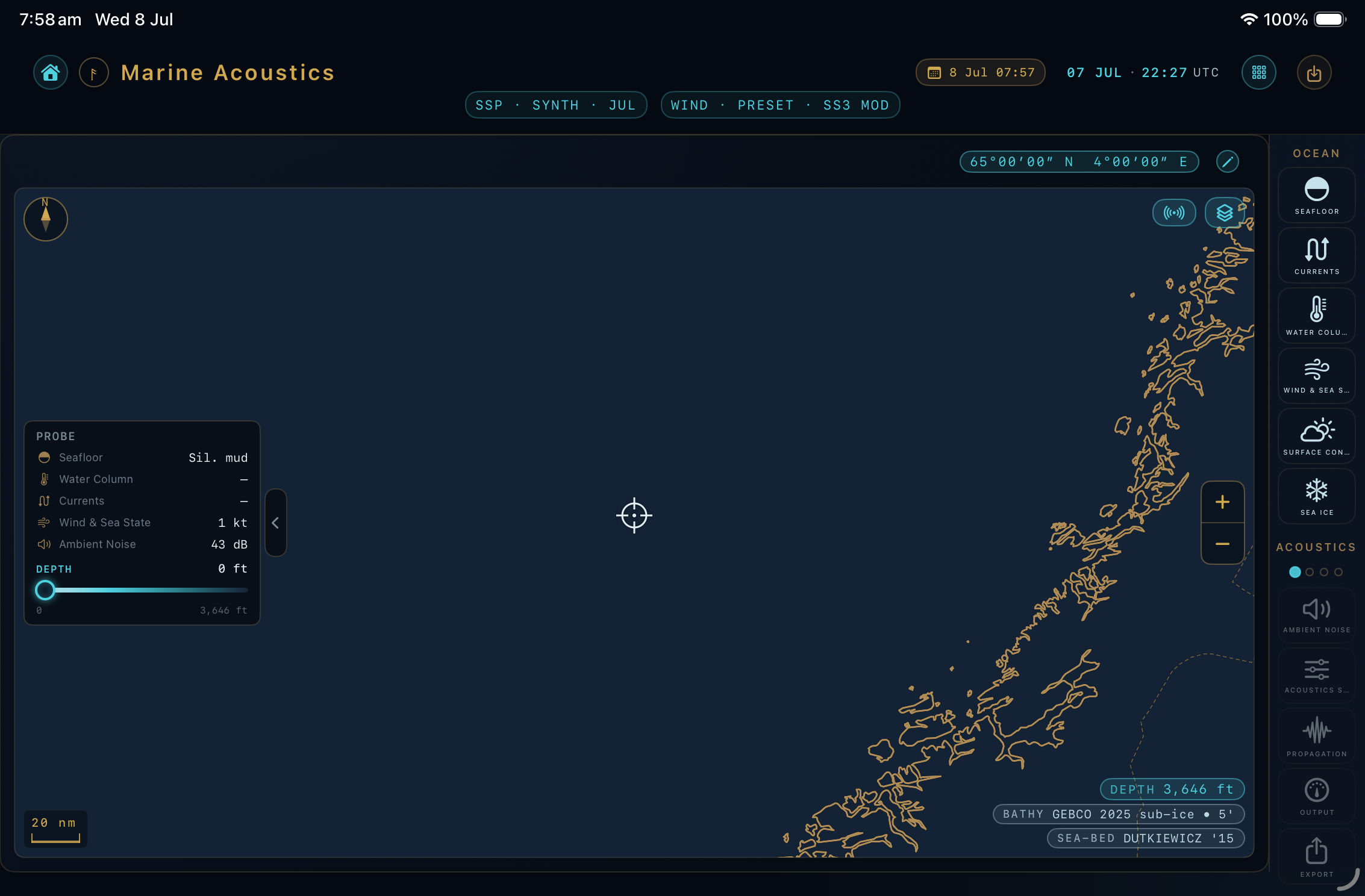 The Underwater Acoustics map with the panel rail, top-bar chips, map chrome and bottom-right readout cluster.